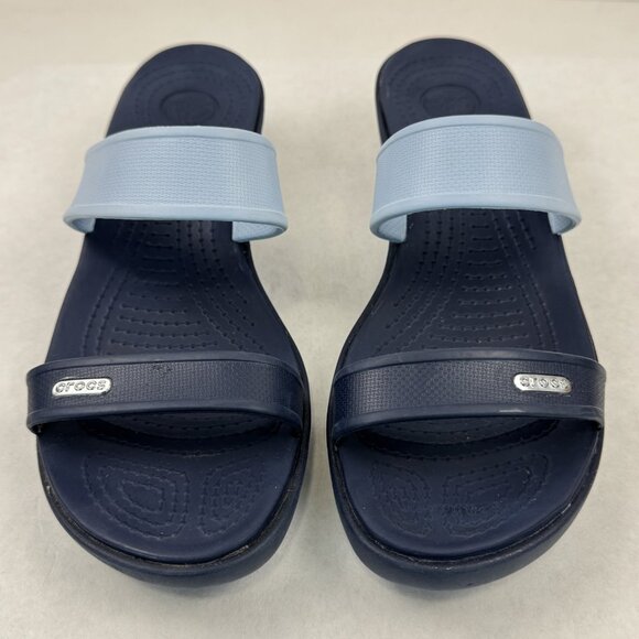 Crocs Womens 2-Tone Blue Navy Mix Madeira 2 Strap Slip On Sandals Croslite Sz W9 - Picture 2 of 12
